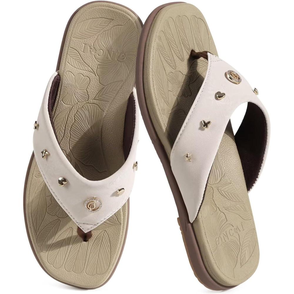 image:imageONCAI Womens Flat Studded Flip Flops Summer Beach Trendy Dressy Walking Sandals with Outdoor Rubber Sole US Size 611BeigeBrown
