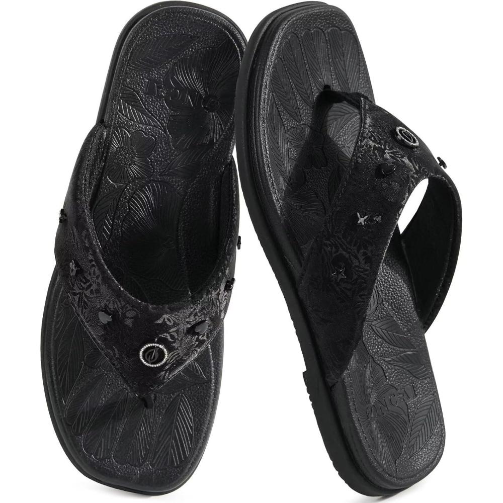 image:imageONCAI Womens Flat Studded Flip Flops Summer Beach Trendy Dressy Walking Sandals with Outdoor Rubber Sole US Size 611Black