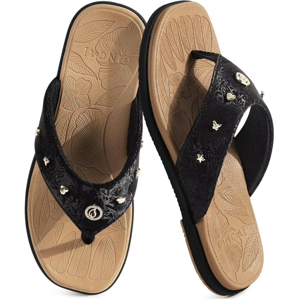 image:imageONCAI Womens Flat Studded Flip Flops Summer Beach Trendy Dressy Walking Sandals with Outdoor Rubber Sole US Size 611BlackKhaki
