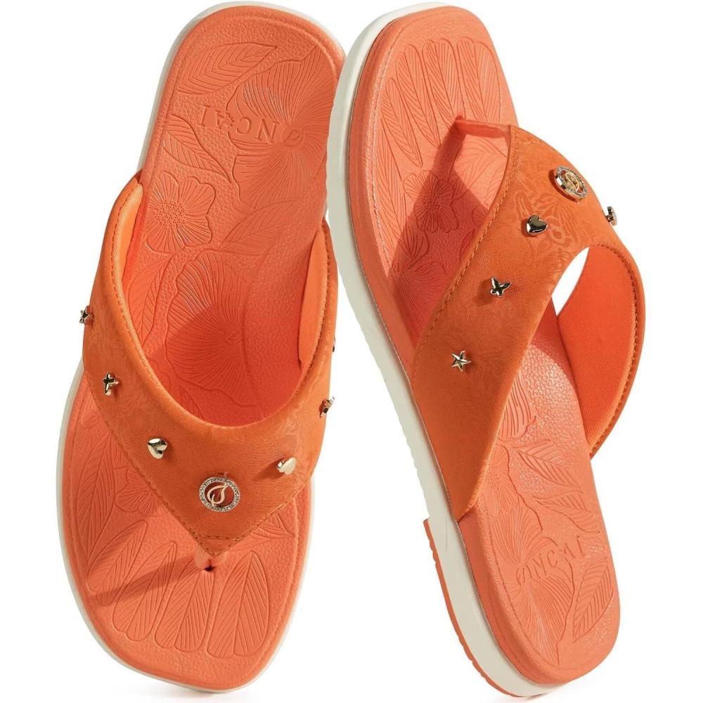 image:imageONCAI Womens Flat Studded Flip Flops Summer Beach Trendy Dressy Walking Sandals with Outdoor Rubber Sole US Size 611Carrot OrangeWhite