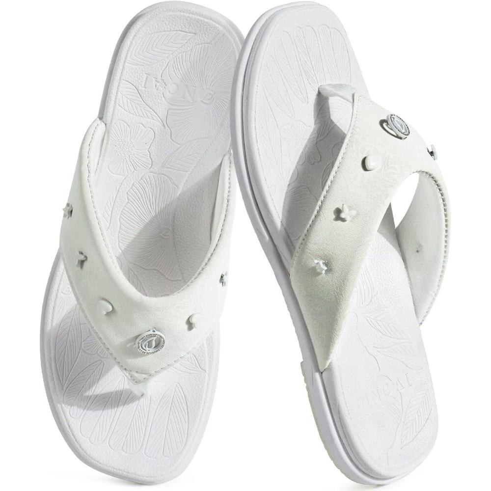 image:imageONCAI Womens Flat Studded Flip Flops Summer Beach Trendy Dressy Walking Sandals with Outdoor Rubber Sole US Size 611Cream White