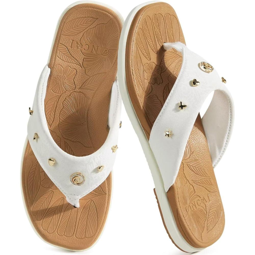 image:imageONCAI Womens Flat Studded Flip Flops Summer Beach Trendy Dressy Walking Sandals with Outdoor Rubber Sole US Size 611Cream WhiteKhaki