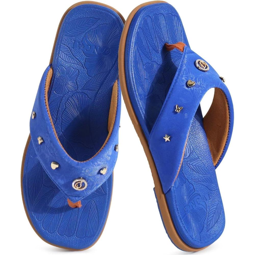 image:imageONCAI Womens Flat Studded Flip Flops Summer Beach Trendy Dressy Walking Sandals with Outdoor Rubber Sole US Size 611Indigo
