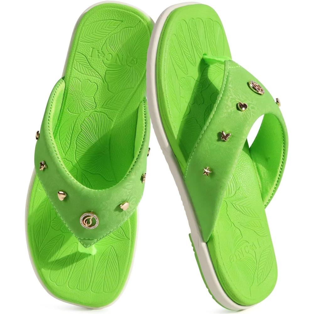 image:imageONCAI Womens Flat Studded Flip Flops Summer Beach Trendy Dressy Walking Sandals with Outdoor Rubber Sole US Size 611Neon Green