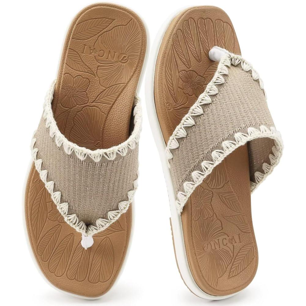 image:imageONCAI Womens Flip Flops Classic Square Toe Yoga Mat Flat Dressy Summer Beach Slide Sandals for Woman Walking Fashion Comfort Ladies Thong Sandal Soft Cushion Rubber Sole Size US 611KhakiWhite