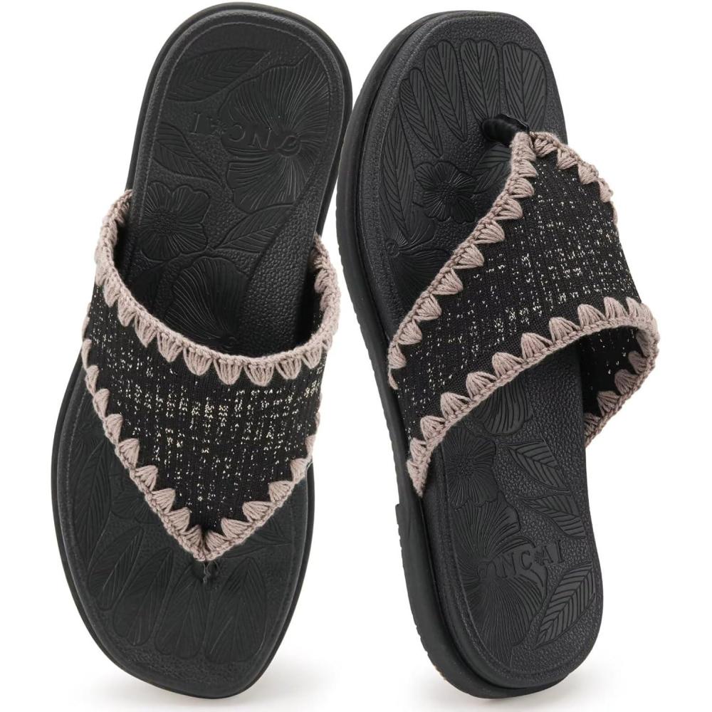 image:imageONCAI Womens Flip Flops Classic Square Toe Yoga Mat Flat Dressy Summer Beach Slide Sandals for Woman Walking Fashion Comfort Ladies Thong Sandal Soft Cushion Rubber Sole Size US 611Black
