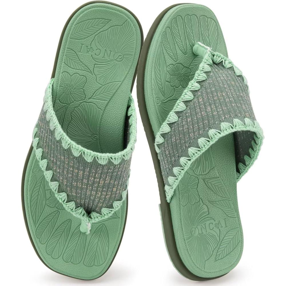 image:imageONCAI Womens Flip Flops Classic Square Toe Yoga Mat Flat Dressy Summer Beach Slide Sandals for Woman Walking Fashion Comfort Ladies Thong Sandal Soft Cushion Rubber Sole Size US 611Green