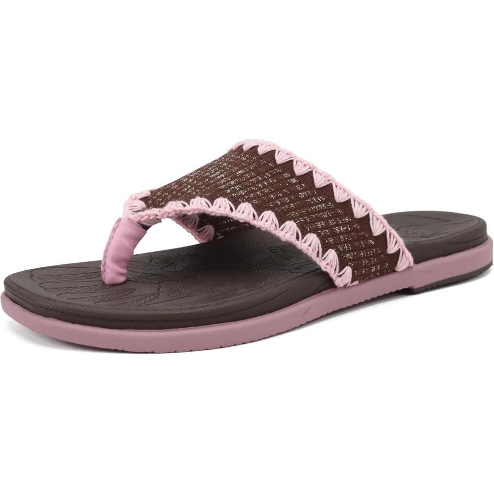 image:imageONCAI Womens Flip Flops Classic Square Toe Yoga Mat Flat Dressy Summer Beach Slide Sandals for Woman Walking Fashion Comfort Ladies Thong Sandal Soft Cushion Rubber Sole Size US 611VinebrownPink