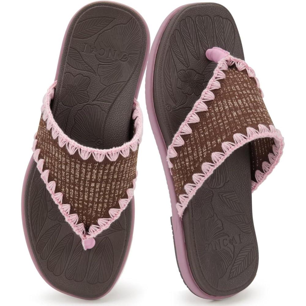 image:imageONCAI Womens Flip Flops Classic Square Toe Yoga Mat Flat Dressy Summer Beach Slide Sandals for Woman Walking Fashion Comfort Ladies Thong Sandal Soft Cushion Rubber Sole Size US 611BrownPink