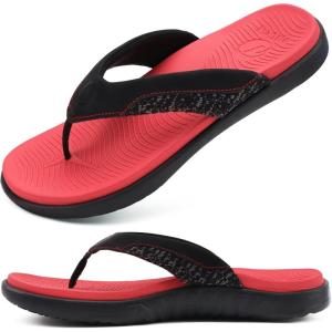 ONCAI Mens Flip Flop Open Toe Athletic Straps Orthotic Summer Plantar Fasciitis Sport Sandals with Soft Cushion Arch Support Size 7.5-15(Black/Red)