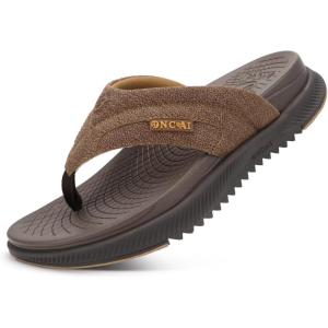 ONCAI Mens Orthopedic Flip Flops with Arch Support Summer Beach Pool Walking Sandals with Outdoor Yoga Mat Non-slip Cushion Thick Rubber Soles Size 7-14(Brwon)