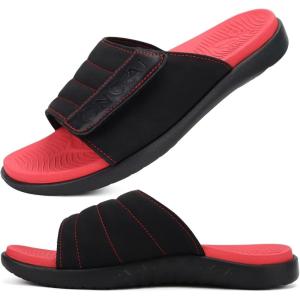 ONCAI Mens Sandals Adjustable Straps Orthotic Plantar Fasciitis Open Toe Athletic Sport Slides with Soft Comfy Arch Support Footbed Size 7.5-15(Black/Red)
