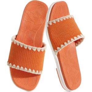ONCAI Women’s Flat Slides Sandals Soft Knitted with Golden Thread Inlay Summer Vacation Walking Sandalias Mujer with Outdoor Rubber Soles US Size 6-11(Carrot Orange/White)