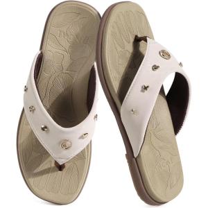 ONCAI Women’s Flat Studded Flip Flops Summer Beach Trendy Dressy Walking Sandals with Outdoor Rubber Sole US Size 6-11(Beige/Brown)