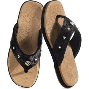 ONCAI Women’s Flat Studded Flip Flops Summer Beach Trendy Dressy Walking Sandals with Outdoor Rubber Sole US Size 6-11(Black/Khaki)