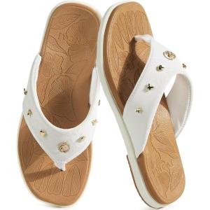 ONCAI Women’s Flat Studded Flip Flops Summer Beach Trendy Dressy Walking Sandals with Outdoor Rubber Sole US Size 6-11(Cream White/Khaki)