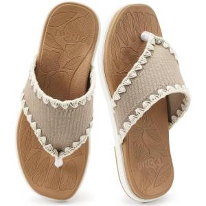 ONCAI Women’s Flip Flops Classic Square Toe Yoga Mat Flat Dressy Summer Beach Slide Sandals for Woman Walking Fashion Comfort Ladies Thong Sandal Soft Cushion Rubber Sole Size US 6-11(Khaki/White)