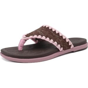 ONCAI Women’s Flip Flops Classic Square Toe Yoga Mat Flat Dressy Summer Beach Slide Sandals for Woman Walking Fashion Comfort Ladies Thong Sandal Soft Cushion Rubber Sole Size US 6-11(Vine-brown/Pink)