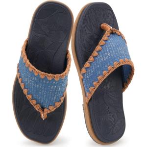 ONCAI Women’s Flip Flops Classic Square Toe Yoga Mat Flat Dressy Summer Beach Slide Sandals for Woman Walking Fashion Comfort Ladies Thong Sandal Soft Cushion Rubber Sole Size US 6-11(Blue/Khaki)