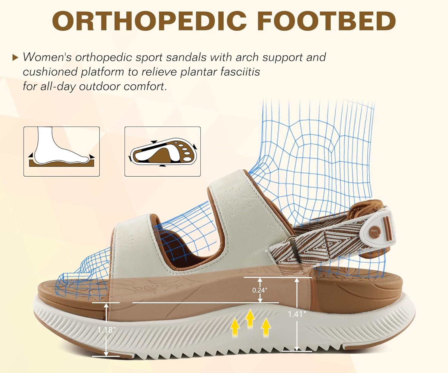 image:imageONCAI Orthopedic Women Sandals with Arch Support Comfort Casual Sport Platform Recovery Hiking Sandals for Laides Water Summer Vacation Shoes Thick Outdoor Adjustable Strap Size 612BeigewhiteKhaki