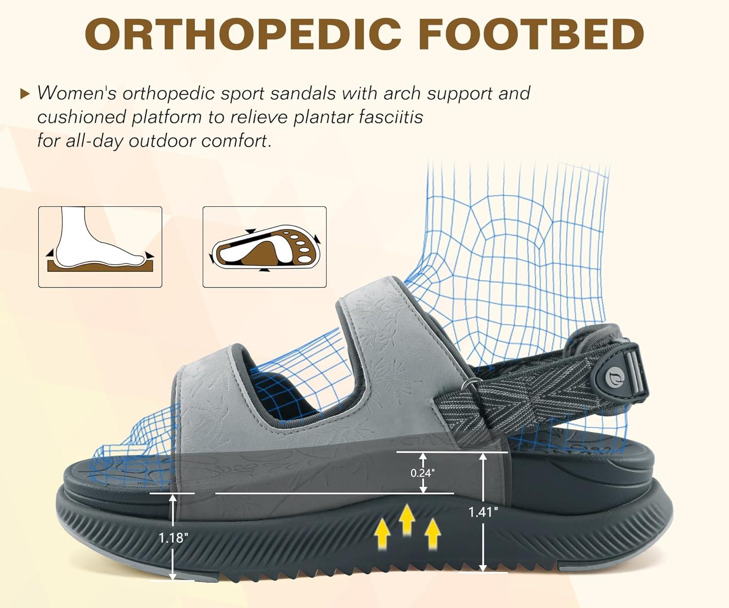 image:imageONCAI Orthopedic Women Sandals with Arch Support Comfort Casual Sport Platform Recovery Hiking Sandals for Laides Water Summer Vacation Shoes Thick Outdoor Adjustable Strap Size 612Grey