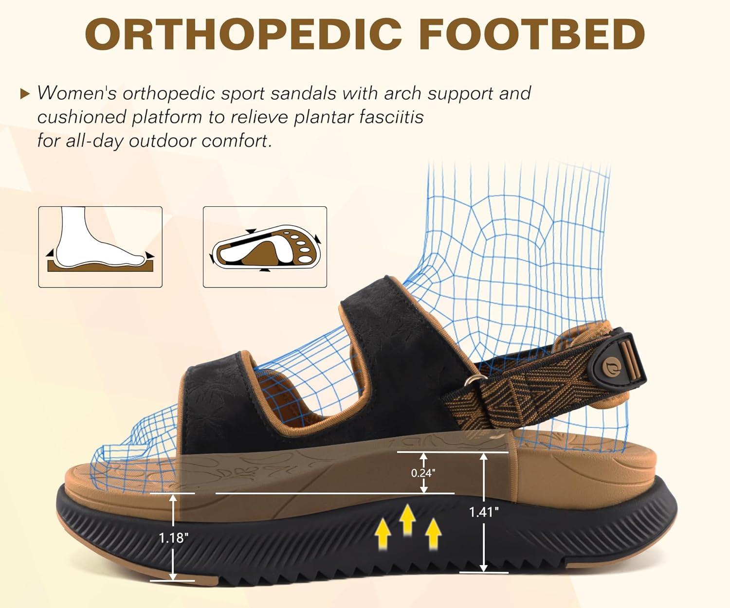image:imageONCAI Orthopedic Women Sandals with Arch Support Comfort Casual Sport Platform Recovery Hiking Sandals for Laides Water Summer Vacation Shoes Thick Outdoor Adjustable Strap Size 612BlackKhaki