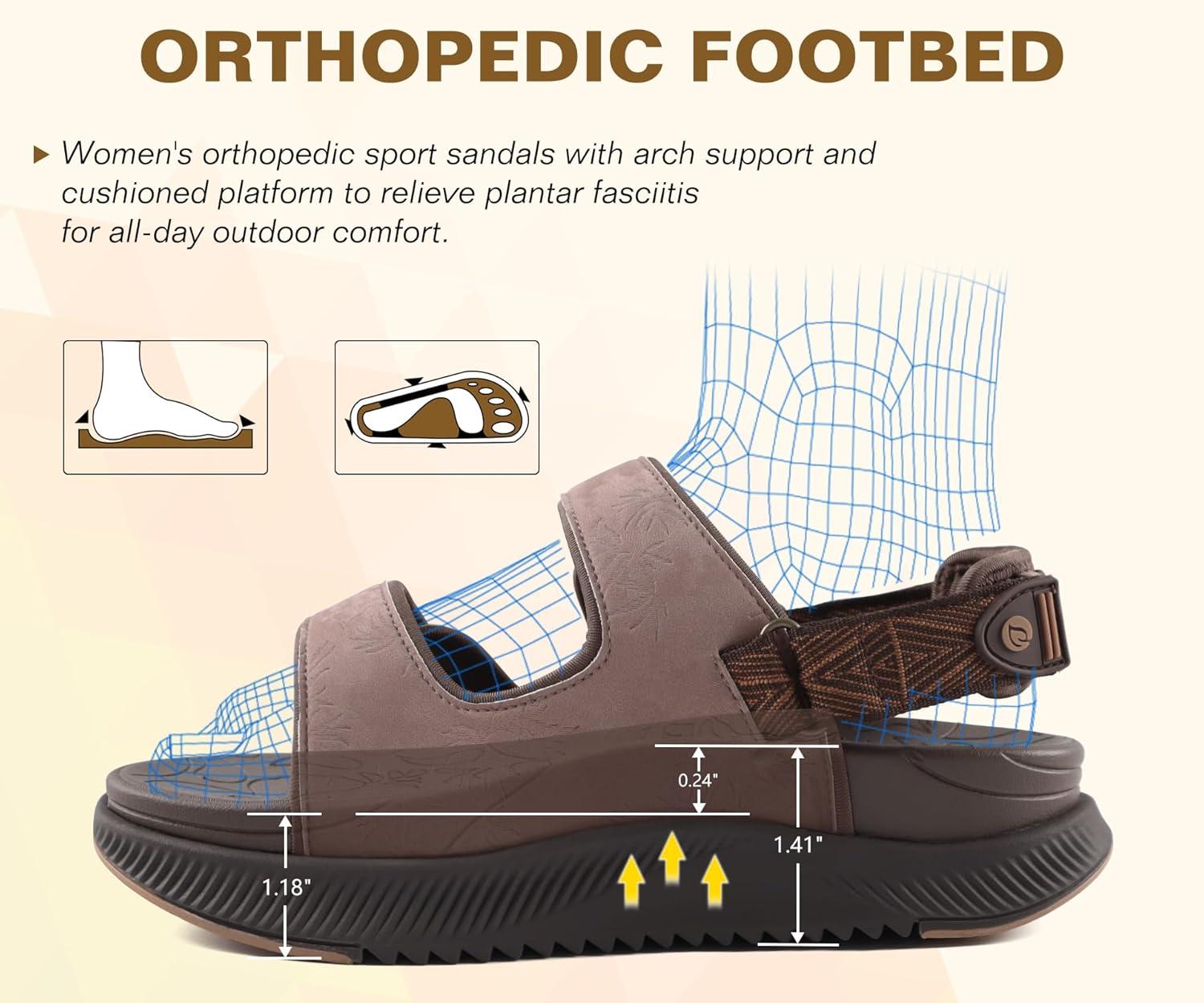 image:imageONCAI Orthopedic Women Sandals with Arch Support Comfort Casual Sport Platform Recovery Hiking Sandals for Laides Water Summer Vacation Shoes Thick Outdoor Adjustable Strap Size 612Brown