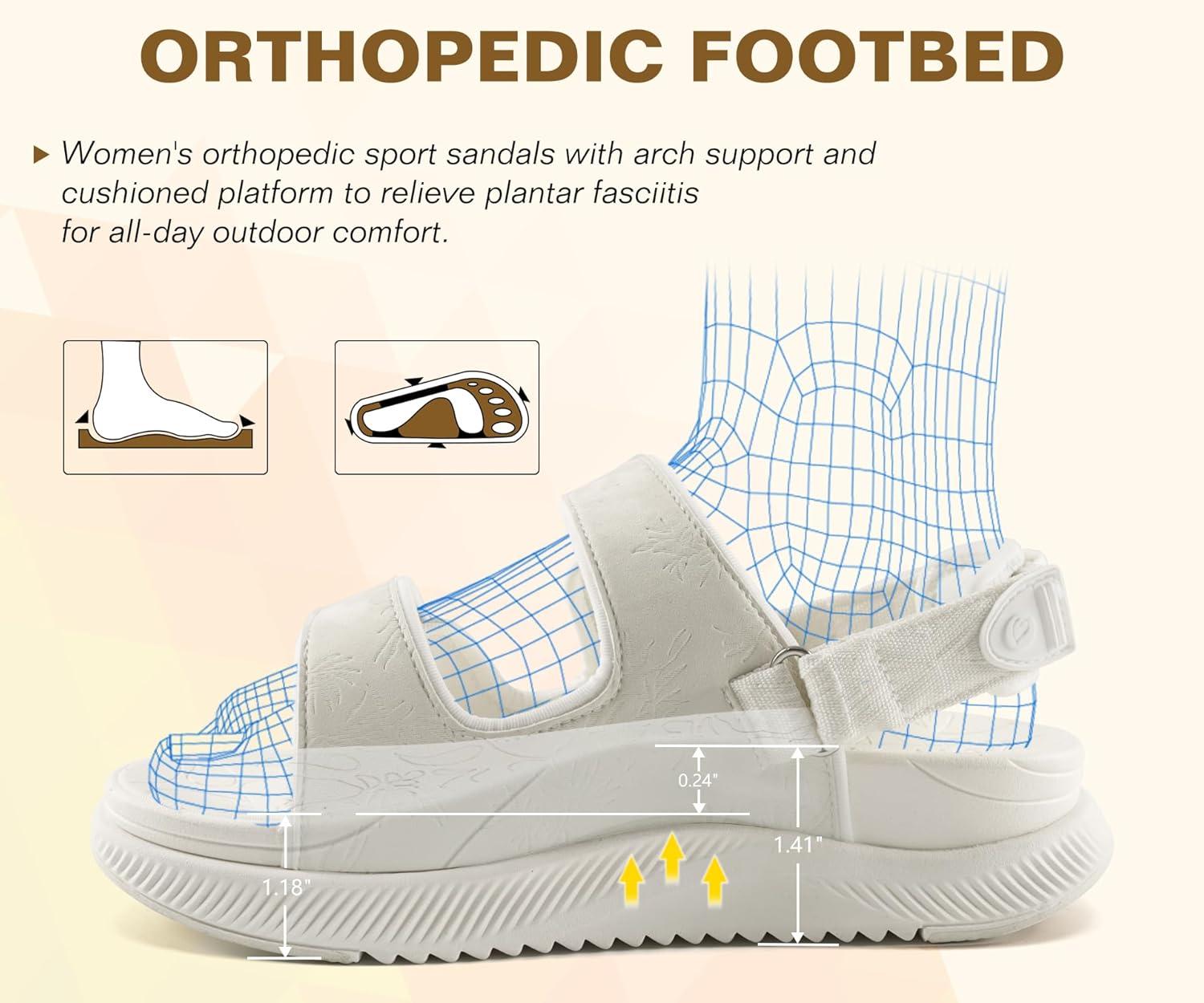 image:imageONCAI Orthopedic Women Sandals with Arch Support Comfort Casual Sport Platform Recovery Hiking Sandals for Laides Water Summer Vacation Shoes Thick Outdoor Adjustable Strap Size 612White