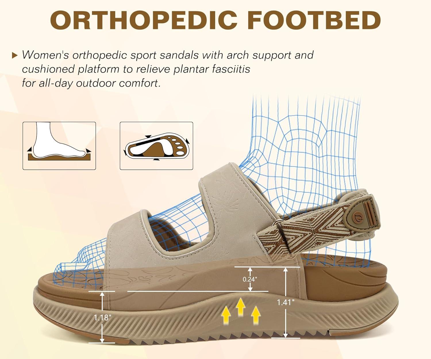 image:imageONCAI Orthopedic Women Sandals with Arch Support Comfort Casual Sport Platform Recovery Hiking Sandals for Laides Water Summer Vacation Shoes Thick Outdoor Adjustable Strap Size 612BeigeKhaki
