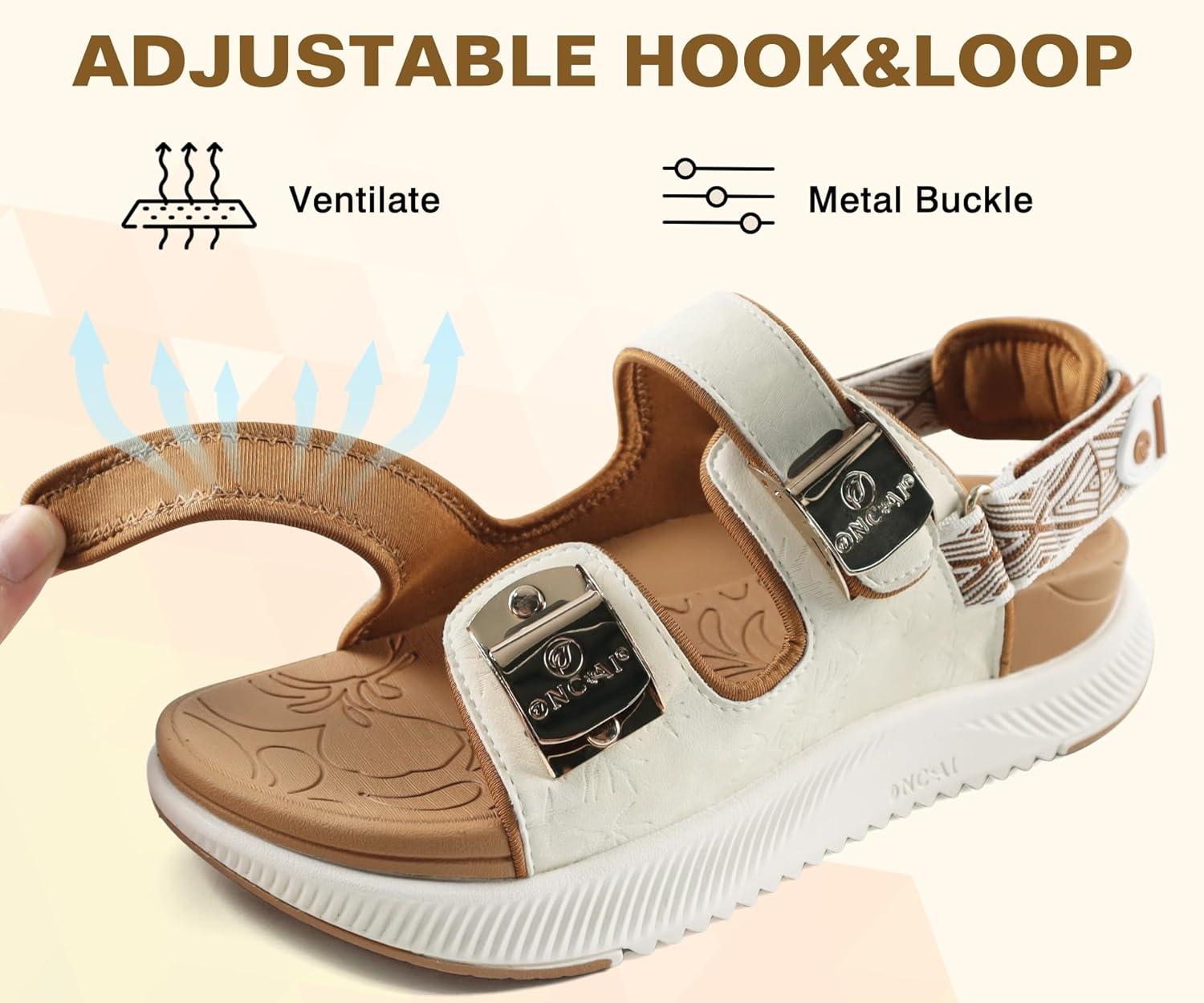 image:imageONCAI Orthopedic Women Sandals with Arch Support Comfort Casual Sport Platform Recovery Hiking Sandals for Laides Water Summer Vacation Shoes Thick Outdoor Adjustable Strap Size 612BeigewhiteKhaki