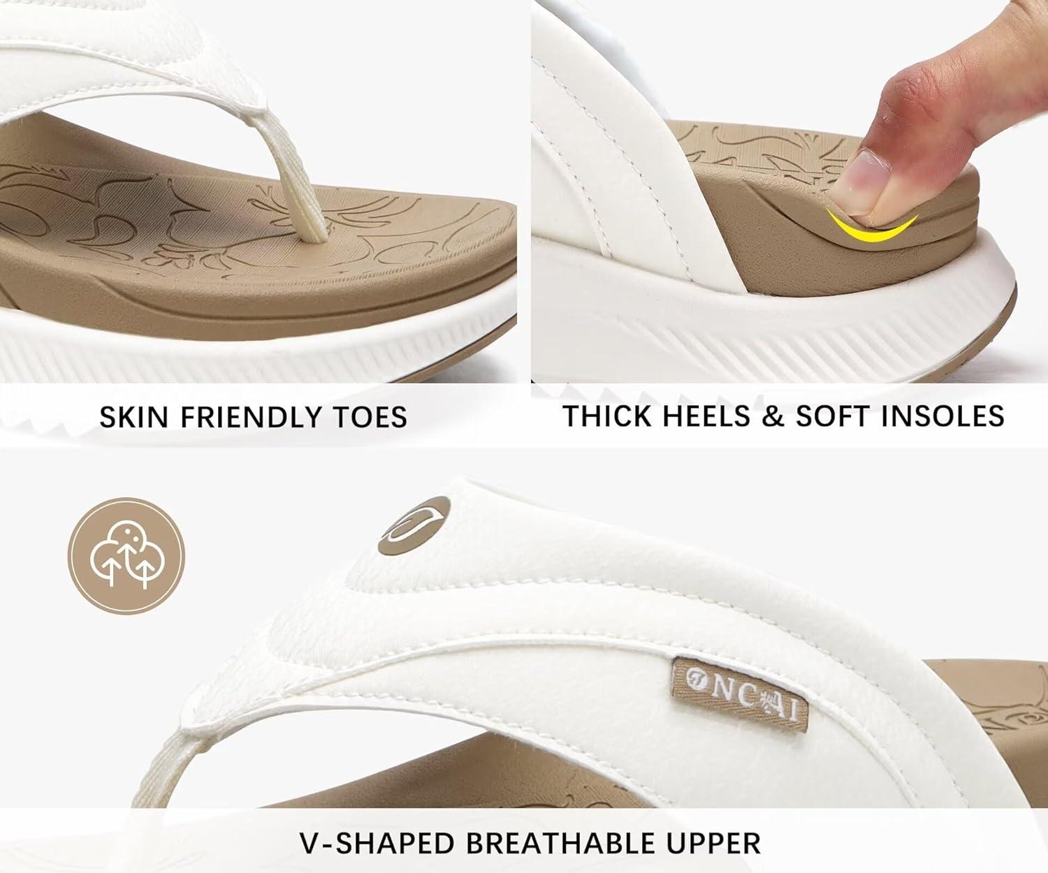 image:imageONCAI Set of 2 Pairs US Size 8 Womens Orthotic Cushion Flip Flops Recovery Walking Sandals BeigeWhite Walking Sandals WomenArch Support Hiking Sandals BeigeWhite