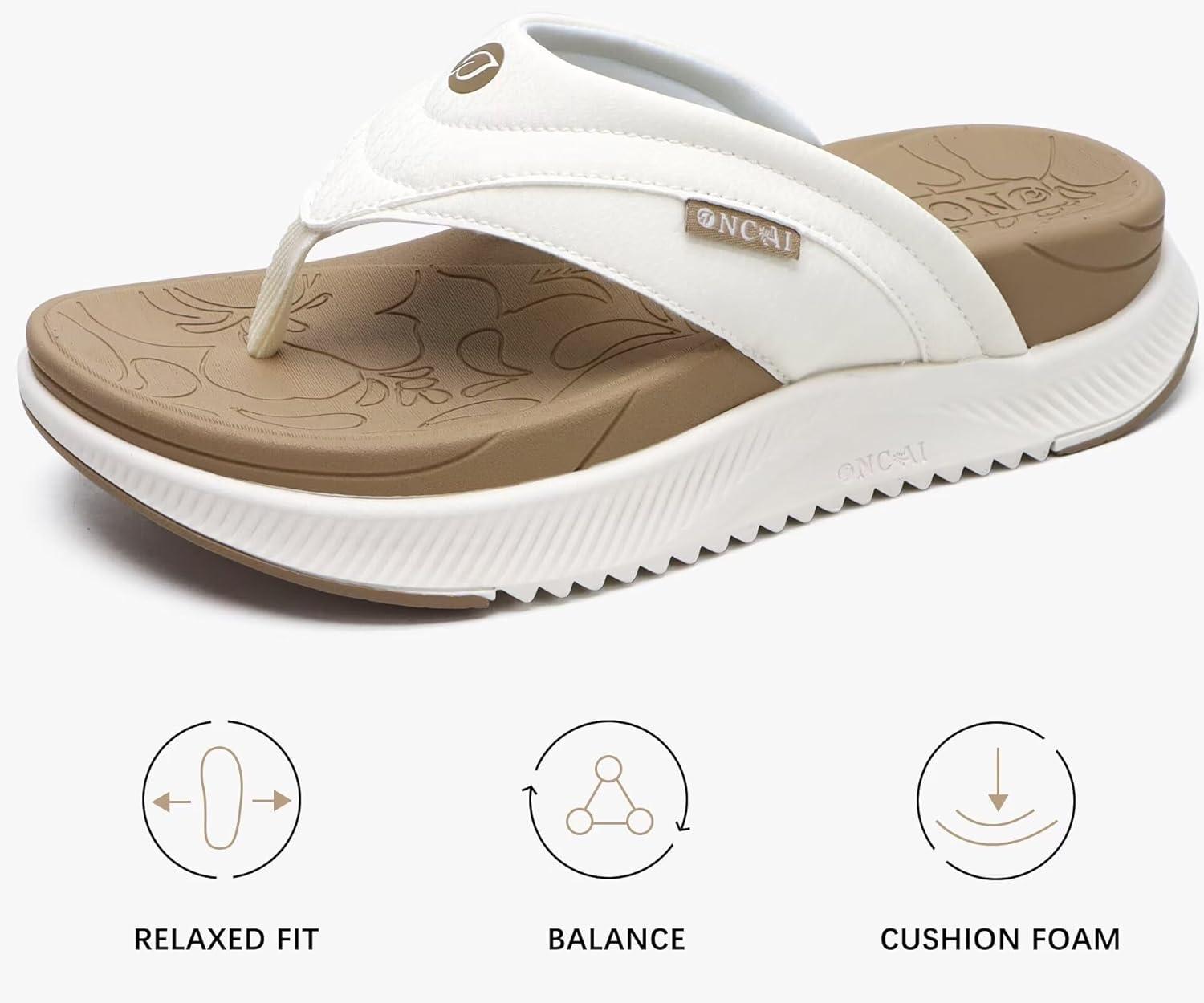image:imageONCAI Set of 2 Pairs US Size 8 Womens Orthotic Cushion Flip Flops Recovery Walking Sandals BeigeWhite Walking Sandals WomenArch Support Hiking Sandals BeigeWhite