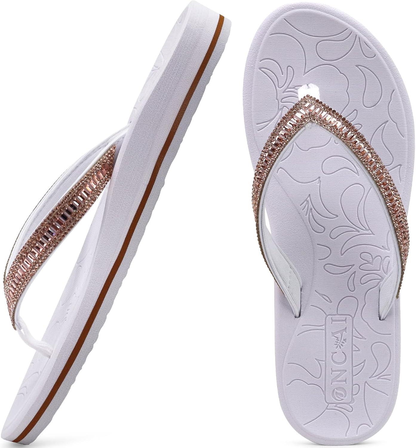 image:imageONCAI Set of 2 Pairs US Size 8Womens Flip Flops Arch Support Yoga MatBlack and Womens Flip Flops with Rhinestone White