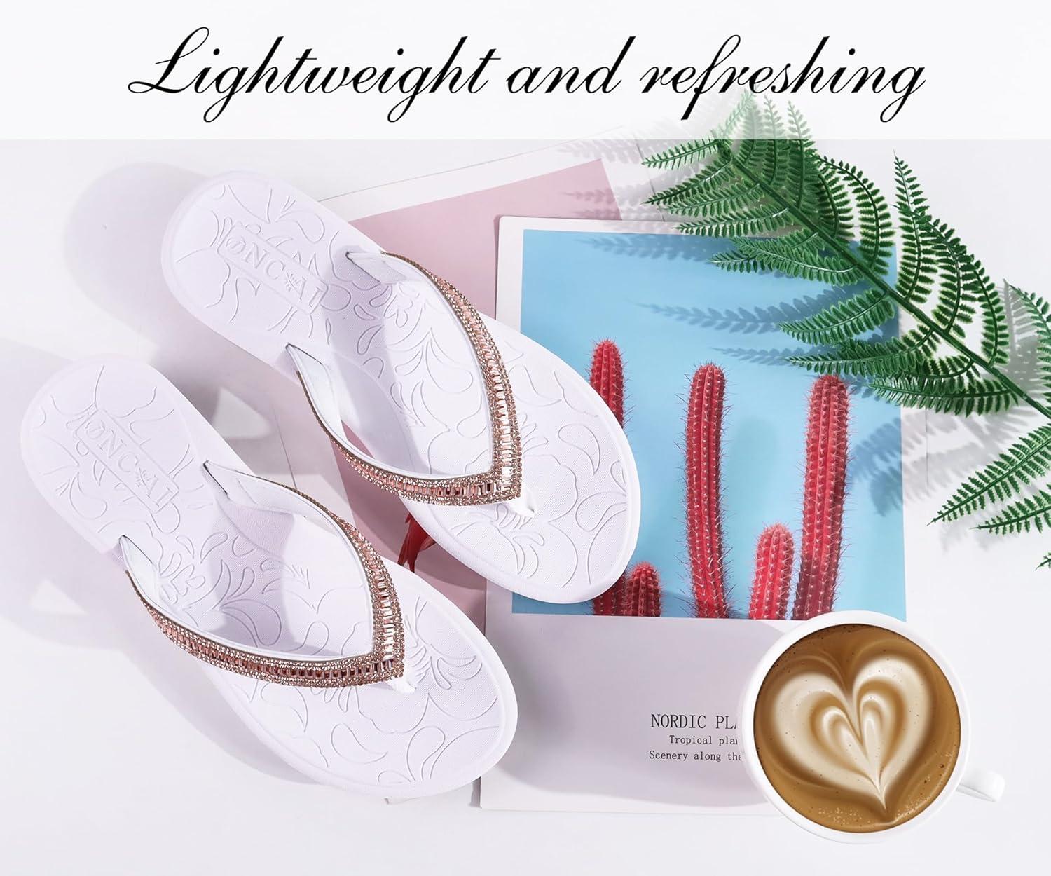 image:imageONCAI Set of 2 Pairs US Size 8Womens Flip Flops Arch Support Yoga MatBlack and Womens Flip Flops with Rhinestone White