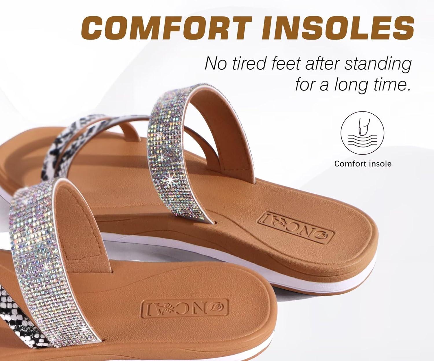 image:imageONCAI Womens Flat Sandals Summer Dressy Casual Fashion Rhinestone Slip On Ladies Slides Comfortable Cushion Arch Support Plantar Fasciitis Beach For Woman 2025 WhiteKhaki Size 6