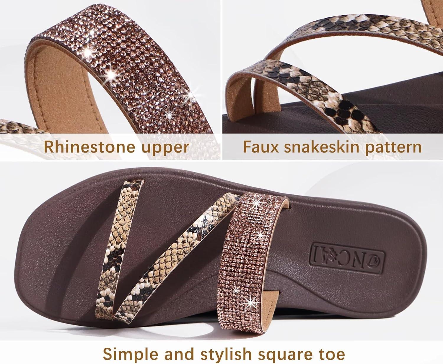 image:imageONCAI Womens Flat Sandals Summer Dressy Casual Fashion Rhinestone Slip On Ladies Slides Comfortable Cushion Arch Support Plantar Fasciitis Beach For Woman 2025 Brown Size 75