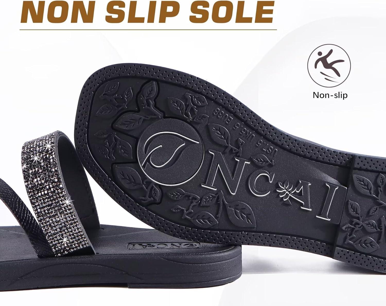image:imageONCAI Womens Flat Sandals Summer Dressy Casual Fashion Rhinestone Slip On Ladies Slides Comfortable Cushion Arch Support Plantar Fasciitis Beach For Woman 2025 Black Size 10