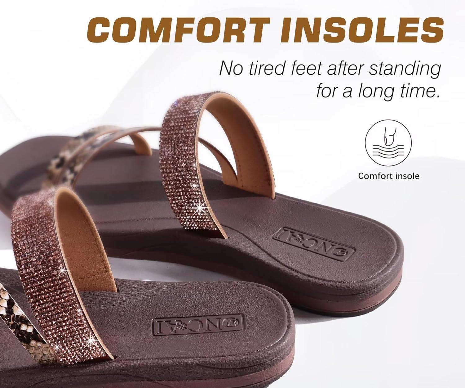 image:imageONCAI Womens Flat Sandals Summer Dressy Casual Fashion Rhinestone Slip On Ladies Slides Comfortable Cushion Arch Support Plantar Fasciitis Beach For Woman 2025 Brown Size 75