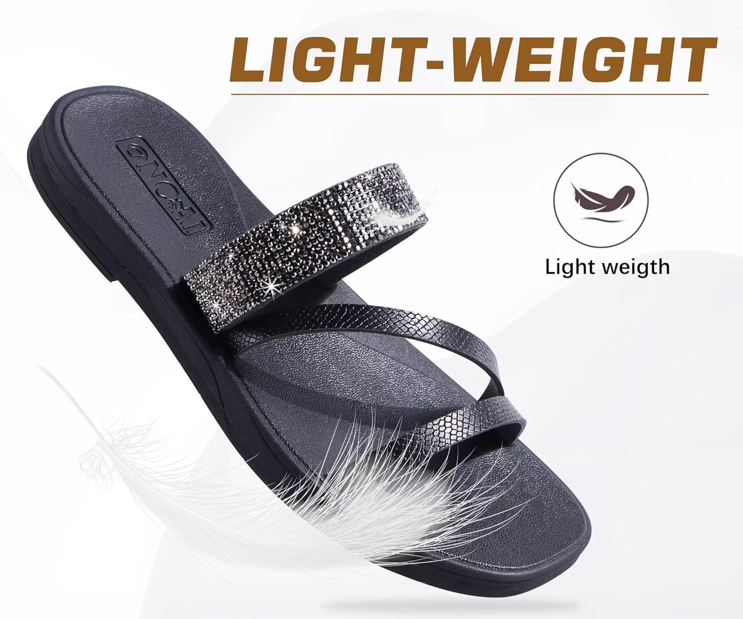image:imageONCAI Womens Flat Sandals Summer Dressy Casual Fashion Rhinestone Slip On Ladies Slides Comfortable Cushion Arch Support Plantar Fasciitis Beach For Woman 2025 Black Size 10
