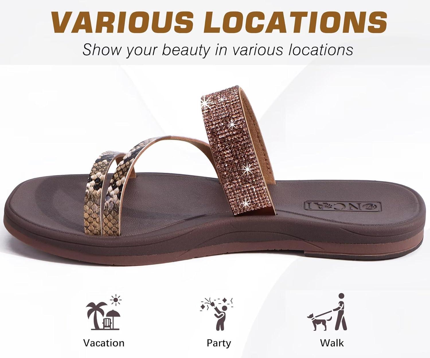 image:imageONCAI Womens Flat Sandals Summer Dressy Casual Fashion Rhinestone Slip On Ladies Slides Comfortable Cushion Arch Support Plantar Fasciitis Beach For Woman 2025 Brown Size 75