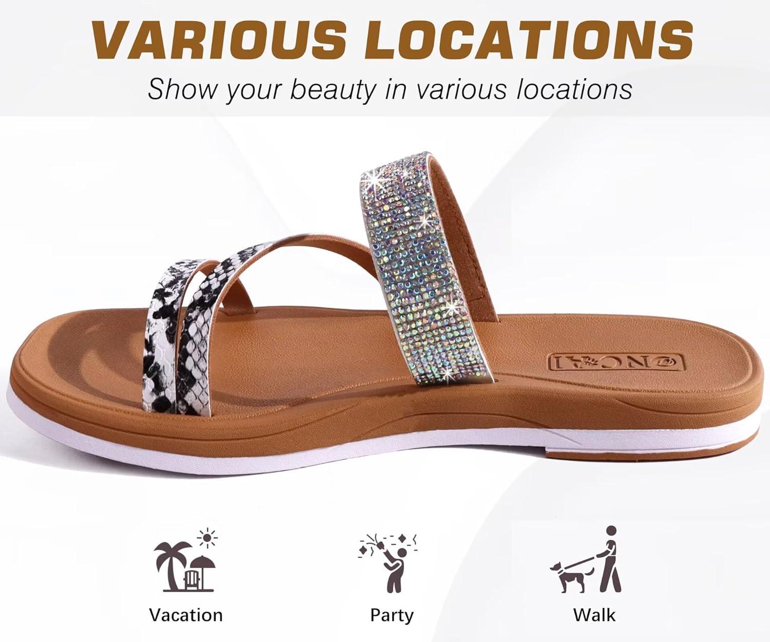 image:imageONCAI Womens Flat Sandals Summer Dressy Casual Fashion Rhinestone Slip On Ladies Slides Comfortable Cushion Arch Support Plantar Fasciitis Beach For Woman 2025 WhiteKhaki Size 6