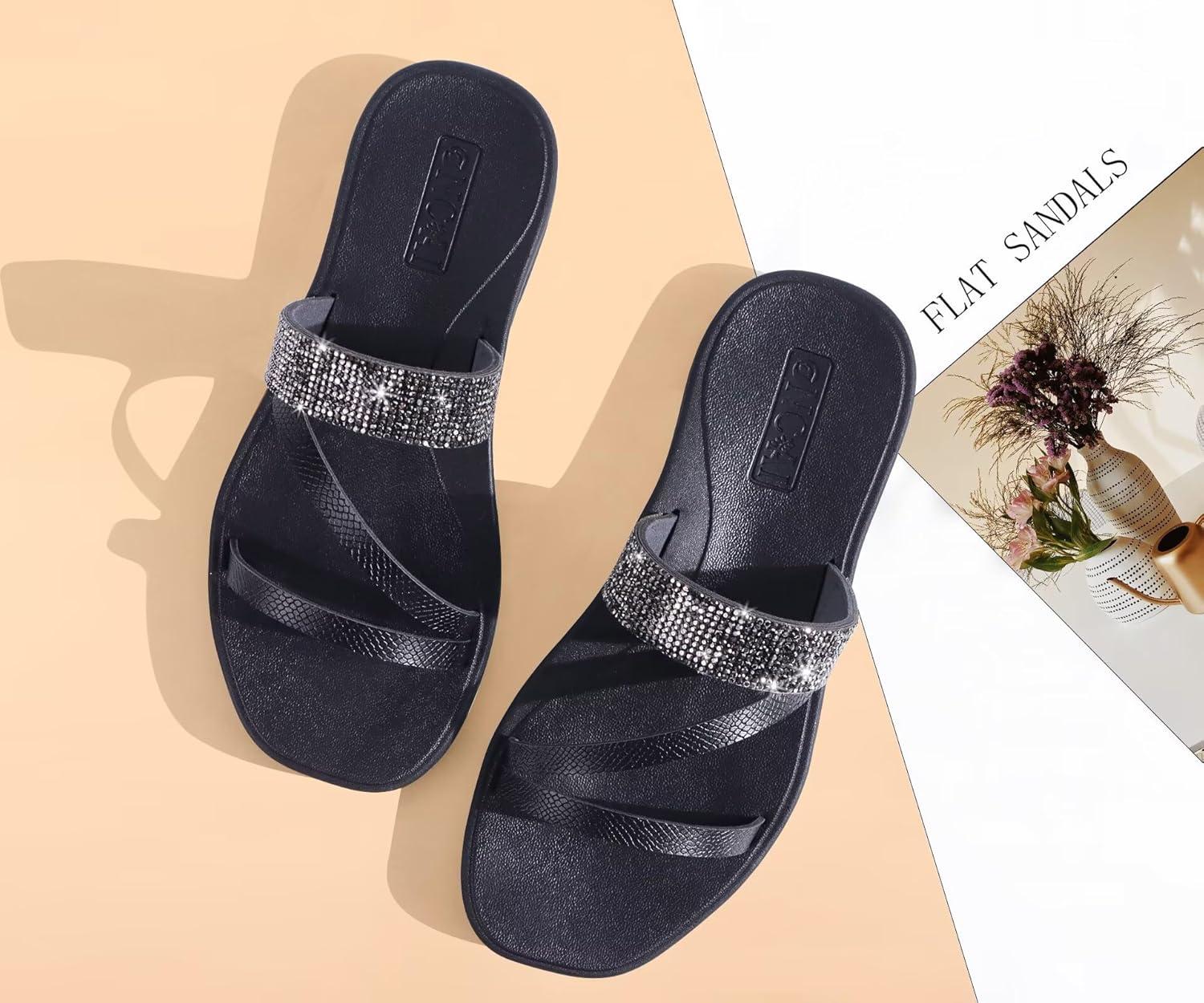 image:imageONCAI Womens Flat Sandals Summer Dressy Casual Fashion Rhinestone Slip On Ladies Slides Comfortable Cushion Arch Support Plantar Fasciitis Beach For Woman 2025 Black Size 10