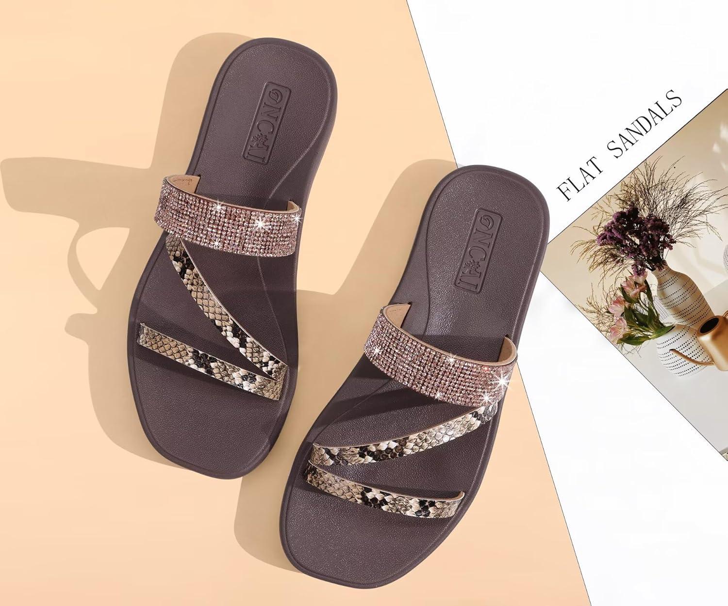 image:imageONCAI Womens Flat Sandals Summer Dressy Casual Fashion Rhinestone Slip On Ladies Slides Comfortable Cushion Arch Support Plantar Fasciitis Beach For Woman 2025 Brown Size 75