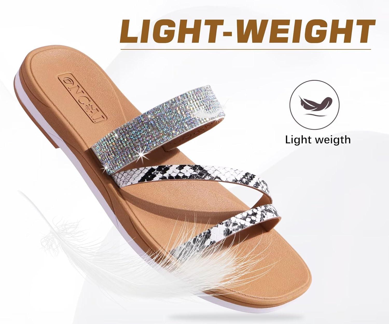 image:imageONCAI Womens Flat Sandals Summer Dressy Casual Fashion Rhinestone Slip On Ladies Slides Comfortable Cushion Arch Support Plantar Fasciitis Beach For Woman 2025 WhiteKhaki Size 6