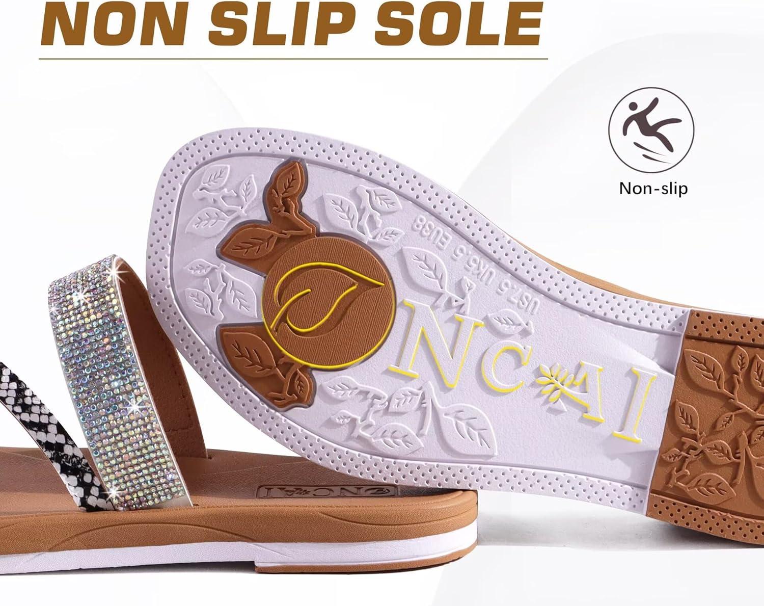 image:imageONCAI Womens Flat Sandals Summer Dressy Casual Fashion Rhinestone Slip On Ladies Slides Comfortable Cushion Arch Support Plantar Fasciitis Beach For Woman 2025 WhiteKhaki Size 6
