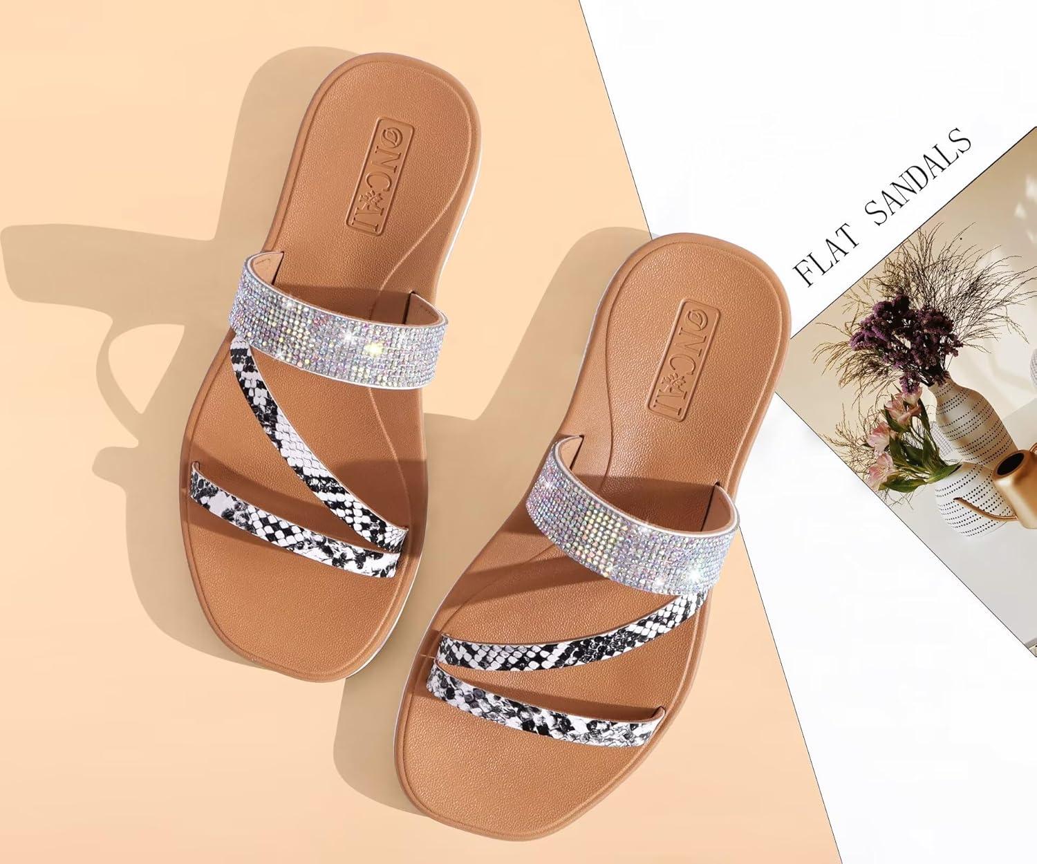 image:imageONCAI Womens Flat Sandals Summer Dressy Casual Fashion Rhinestone Slip On Ladies Slides Comfortable Cushion Arch Support Plantar Fasciitis Beach For Woman 2025 WhiteKhaki Size 6