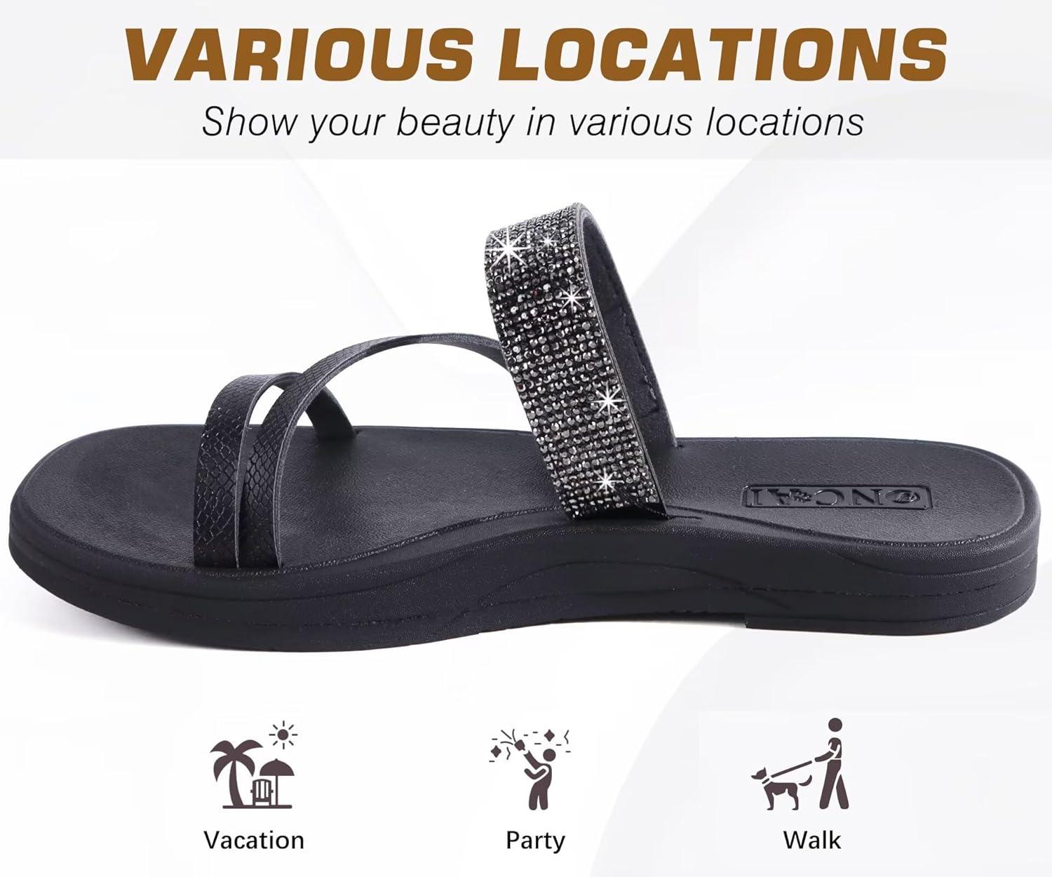 image:imageONCAI Womens Flat Sandals Summer Dressy Casual Fashion Rhinestone Slip On Ladies Slides Comfortable Cushion Arch Support Plantar Fasciitis Beach For Woman 2025 Black Size 10