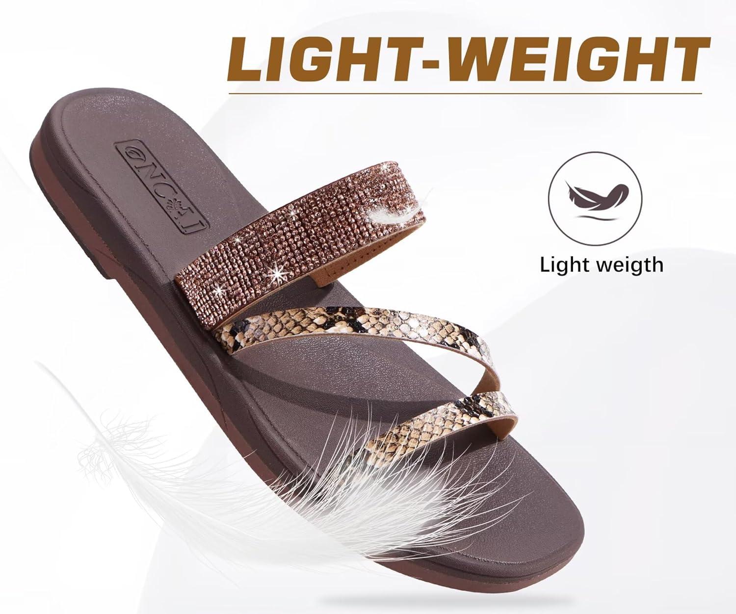 image:imageONCAI Womens Flat Sandals Summer Dressy Casual Fashion Rhinestone Slip On Ladies Slides Comfortable Cushion Arch Support Plantar Fasciitis Beach For Woman 2025 Brown Size 75