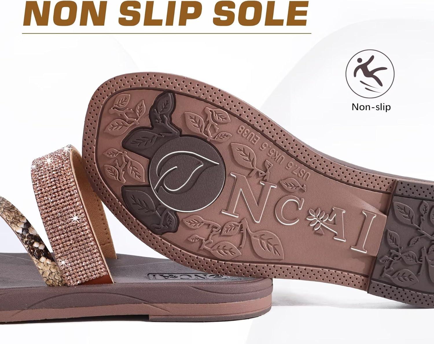 image:imageONCAI Womens Flat Sandals Summer Dressy Casual Fashion Rhinestone Slip On Ladies Slides Comfortable Cushion Arch Support Plantar Fasciitis Beach For Woman 2025 Brown Size 75