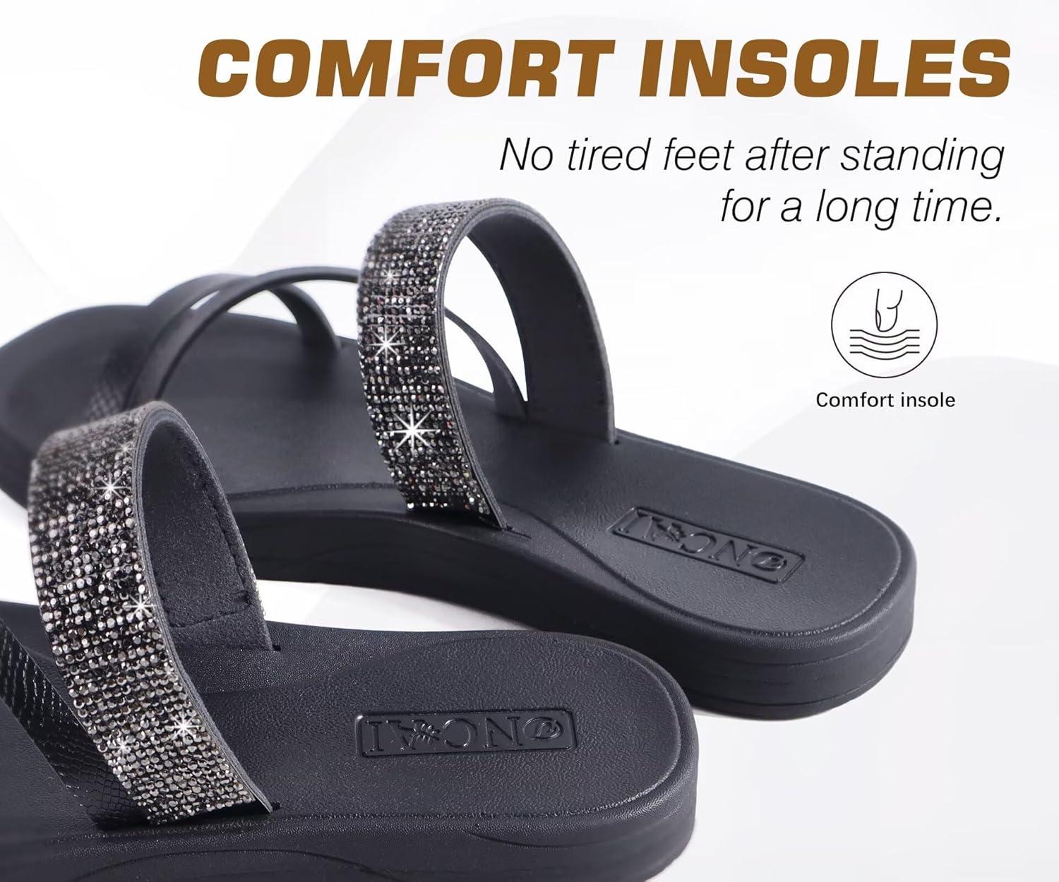 image:imageONCAI Womens Flat Sandals Summer Dressy Casual Fashion Rhinestone Slip On Ladies Slides Comfortable Cushion Arch Support Plantar Fasciitis Beach For Woman 2025 Black Size 10